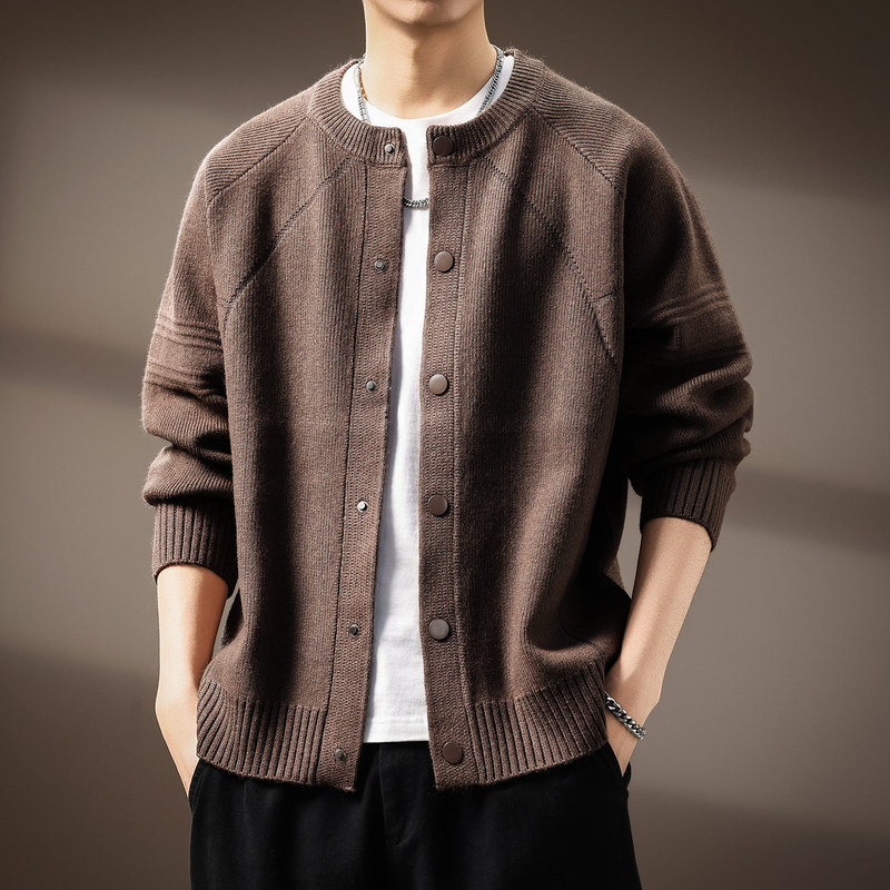 High-End 48-Count Angora Velvet Yarn Cardigan Sweater for Men in Autumn and Winter New Loose Round Neck Raglan Sleeve Knitted Jacket