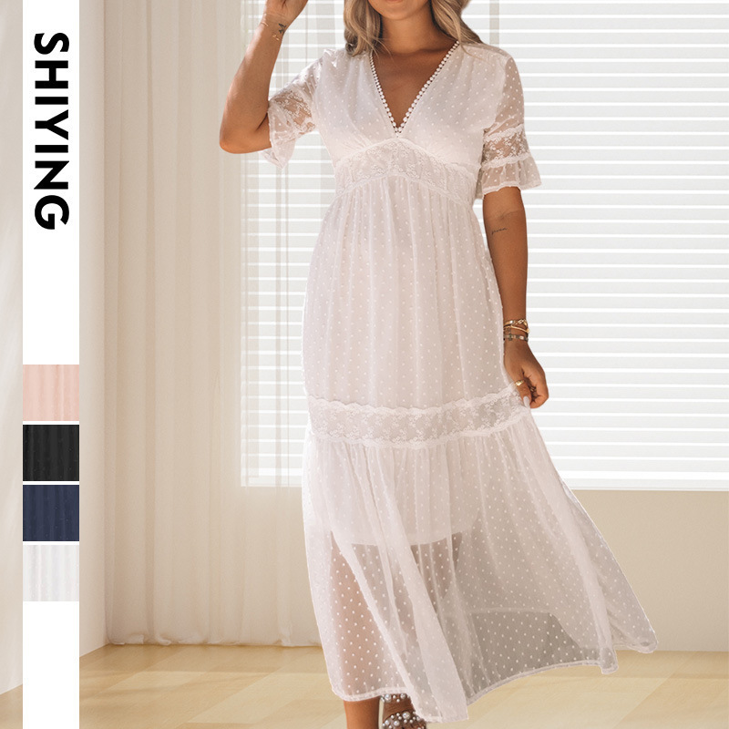 Shiying Pure Color Buttonless Chiffon Dress Women's European and American Summer New Lace Romantic Bamboo Cut V-Neck Long Skirt