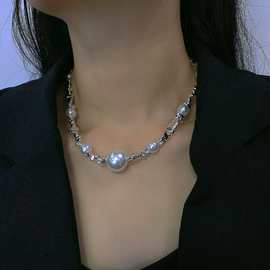 金属质感碎银几两拼接珍珠项链女短款气质锁骨链高级感百搭颈链潮