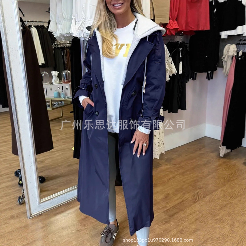 2025秋季亚马逊独立站欧美跨境女装连帽翻领假两件套休闲长款风衣|undefined