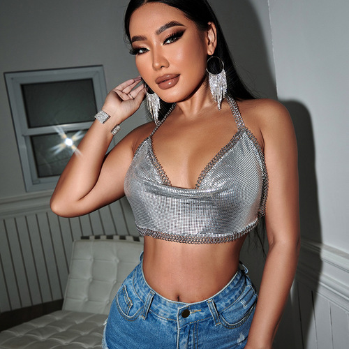 Amazon AliExpress Bestseller: Sexy Euro-American Style Sequin Chain-Embedded Backless Halterneck Tube Top Set