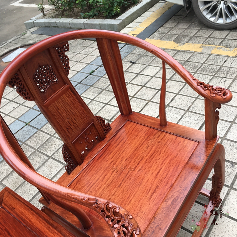 ?红木家具 缅甸花梨木皇宫椅三件套脚花一体大果紫檀实木圈椅