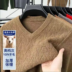 秋冬季加厚款男士v领羊毛衫中青年针织打底衫纯色提花毛衣男冬装