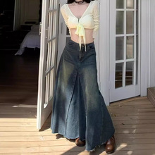 复古水洗牛仔半身裙女2024新款夏季高腰显瘦A字大裙摆百搭长裙子
