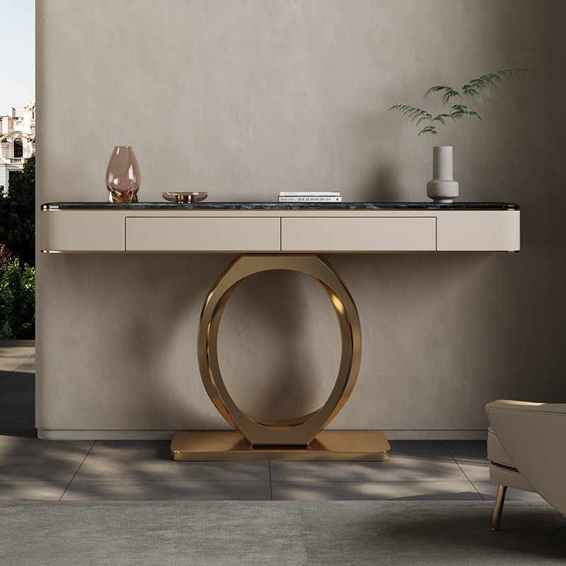 轻奢不锈钢大理石玄关桌现代简约钛金色入户门条案桌玄关装饰展桌