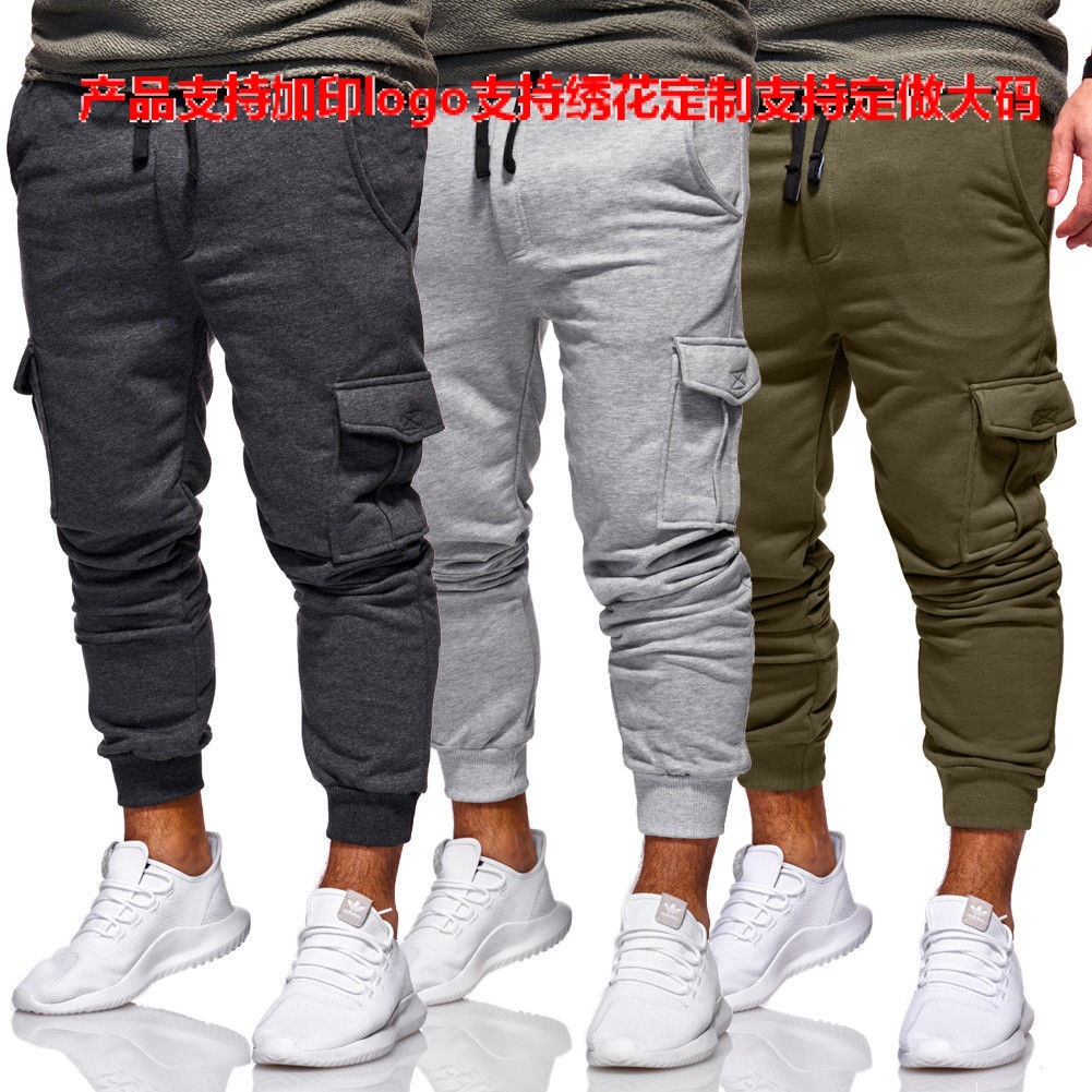 外贸原单2018欧美风秋冬新款纯色侧身口袋男士休闲裤健身运动裤