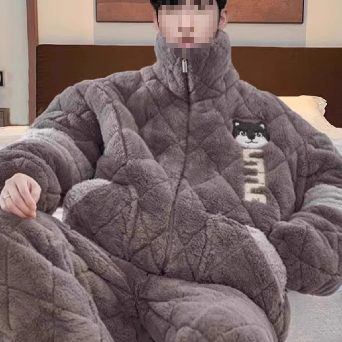 잠옷 남자 겨울 산호 양털 기모 3 층 퀼트 겨울 남자 10 대 학생 큰 어린이 세트