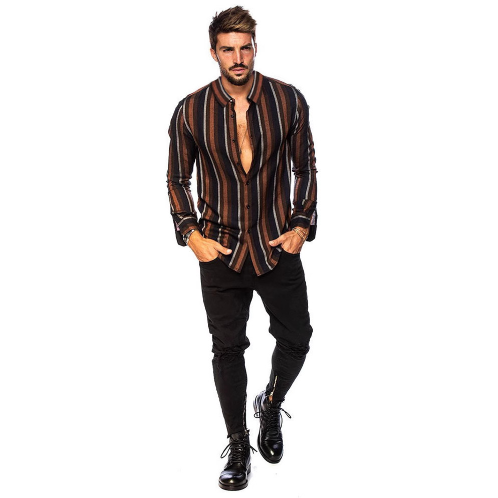 2023 camisa a rayas de los hombres de comercio exterior transfronterizo Top Delgado solapa multicolor camisa de manga larga casual tendencia de la moda