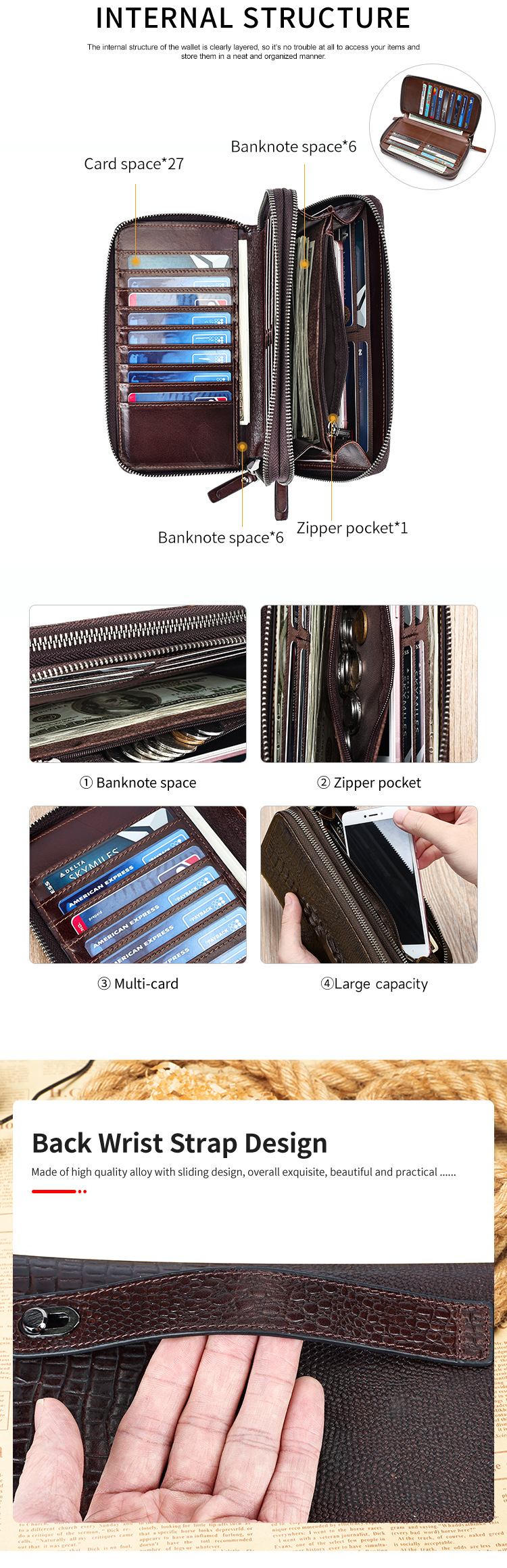 Túi clutch nam da bò dập vân cá sấu cao cấp, khóa kéo đôi, dáng dài đựng điện thoại — Cà phê, màu đen chi tiết 14