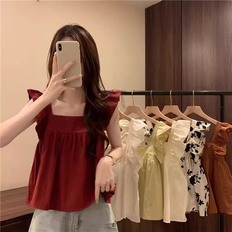 夏の甘いデザインのバックレスリボンシャツ新しいノースリーブシックなスクエアカラードールフライングスリーブスリミングトップ|undefined