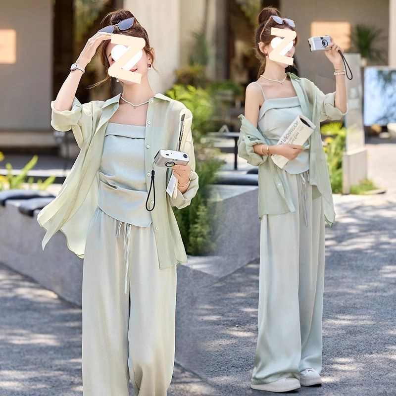 女性のための美しい夏の衣装セット 2025 新しいレイジースタイル日焼け止めシャツサスペンダーカジュアルワイドレッグパンツ 3 点セット|undefined