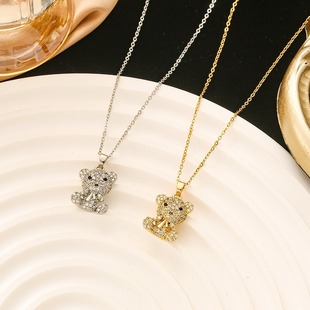 Popular Zircon Cute Teddy Bear Titanium Steel Necklace Women's Accessible Luxury Jewelry Clavicle Chain Necklace