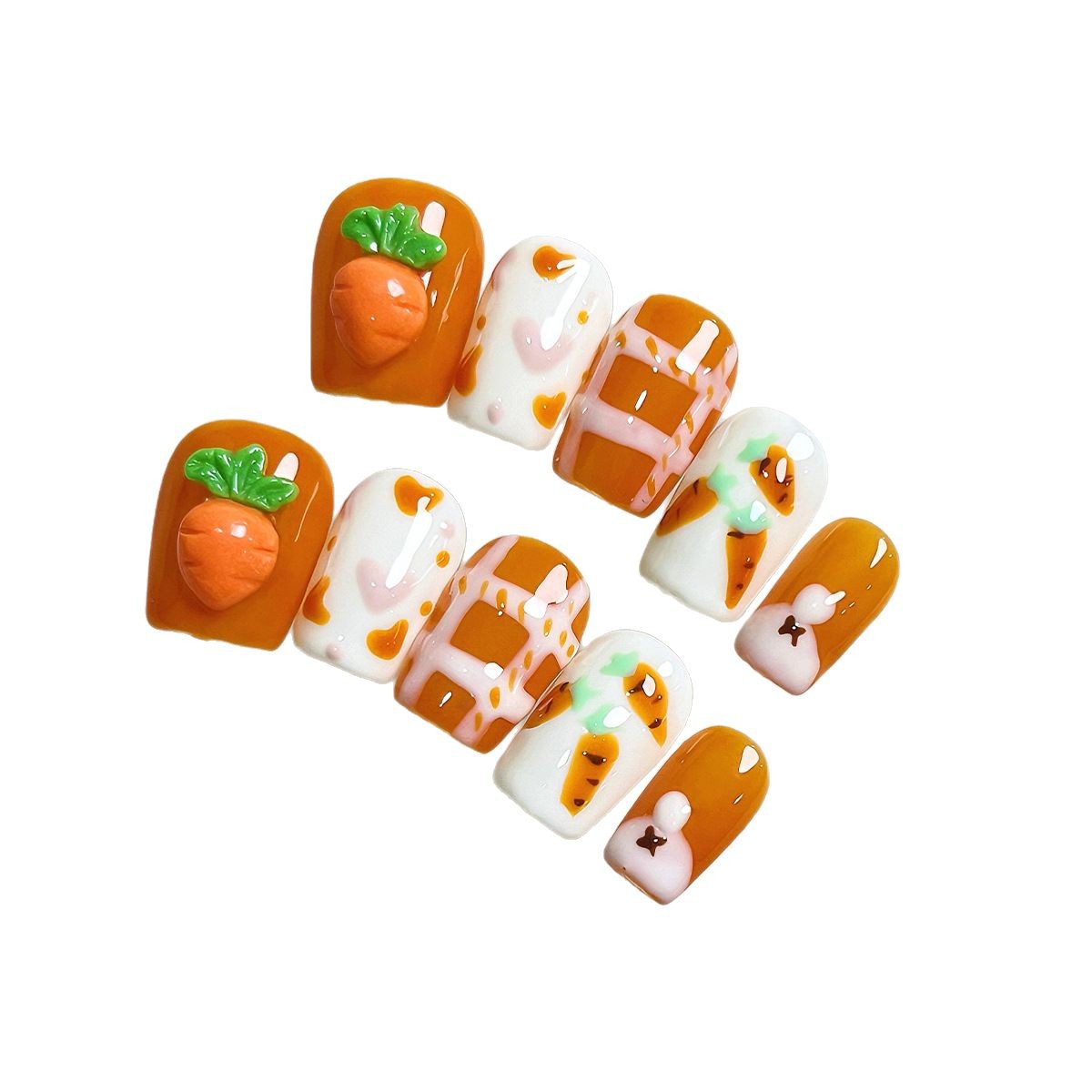 Caricatura linda armadura de vestir hecha a mano zanahoria corazón de melocotón dulce y fresca armadura de vestir de estilo puro de uñas de uñas hechas a mano