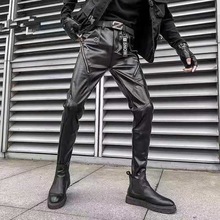 新款男皮裤修身韩版裤PU皮紧身机车骑行演出黑色潮流长裤