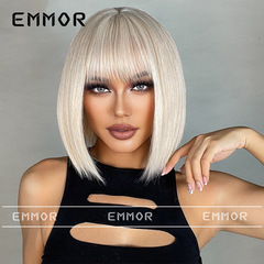 Cross-border women's European and American-style wig with blunt bangs—blonde, short, straight bob-style full-head wig for hair