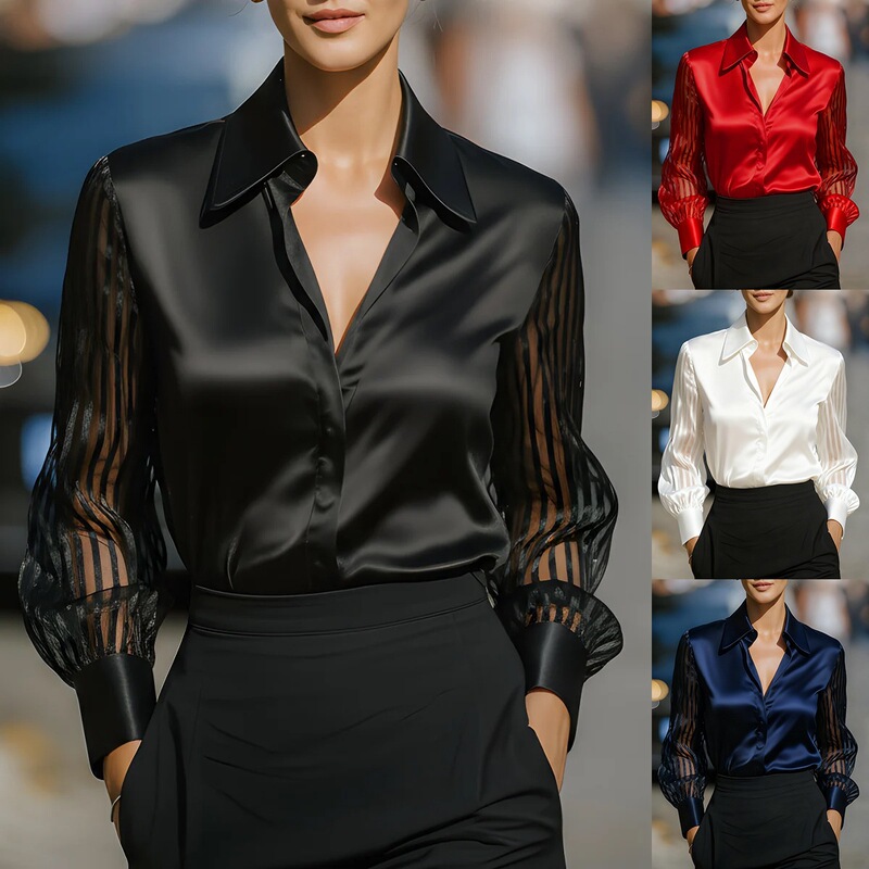 Independent Site Wish Amazon Hot-Selling Item: New Autumn Solid Color Versatile Loose Satin Long-Sleeve Shirt for Women Independent Site Wish Amazon Hot-Selling Item: New Autumn Solid Color Versatile Loose Satin Long-Sleeve Shirt for Women