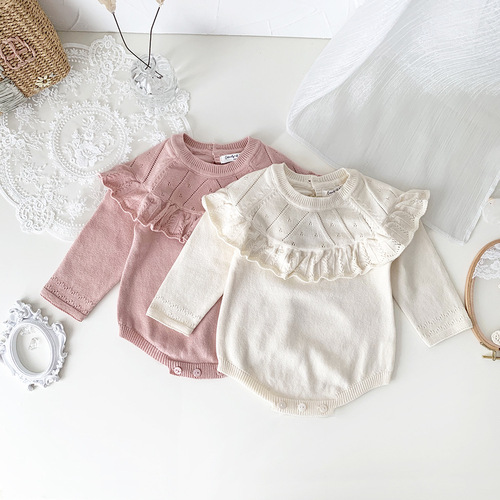 Cutemily Infant Knitted Romper Baby Girl Spring Autumn Long Sleeve Triangle Hooded Jumpsuit 
