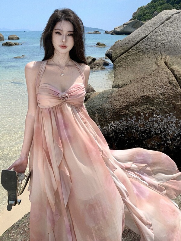 Real Shot Seaside Holiday Neck Pink Chest Three-dimensional Rose Long Dress Beach dress