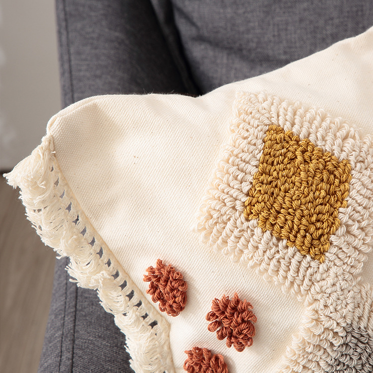 Moroccan style color velvet embroidery pillow case tufted tassel cushion case model room waist pillowcase spot supply_voghion.com