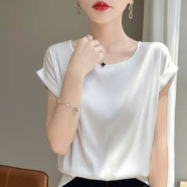 缎面设计感短袖上衣女2024春夏季新款缎面真丝气质百搭丝滑衬衫