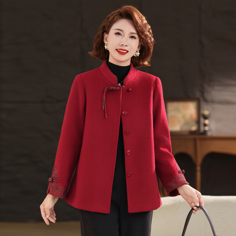 Wedding Mother's Woolen Outwear Short Plus Size Plus Size Middle-Aged and Elderly Women's Autumn and Winter Red Outwear