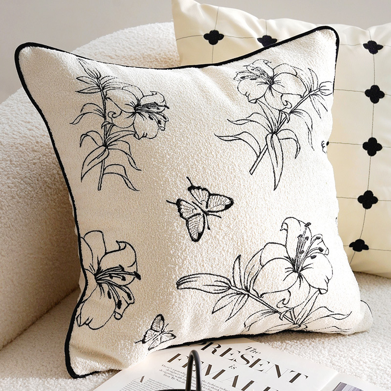 Almohada en blanco y negro de lujo ligero y de alta gama Almohada de la Edad Media francesa Bordado Cama simple Sala de estar Sofá Funda de almohada con núcleo