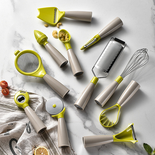 New ABS kitchen gadget set, melon planer, egg beater, cheese planer, food filter, mesh sieve, bottle opener