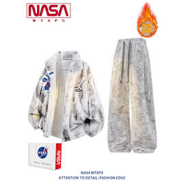 NASA ABOUT冬季潮牌扎染渐变仿兔毛立领棉服男款加绒加厚棉衣套装