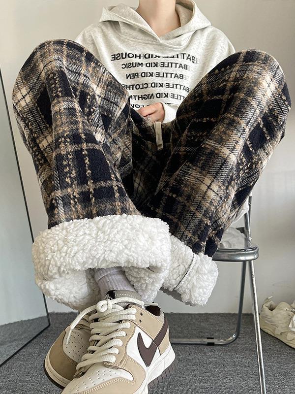 新潮男格子长裤羊羔毛宽松港风情侣卫衣直筒男呢料加绒休闲裤冬季