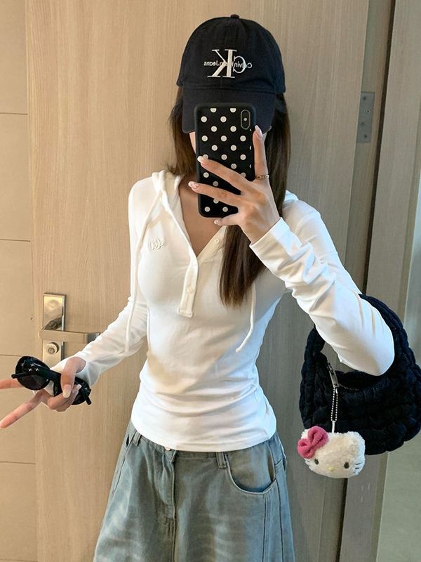 美式连帽亨利领正肩长袖t恤女早秋季修身打底衫收腰辣妹白色上衣|undefined