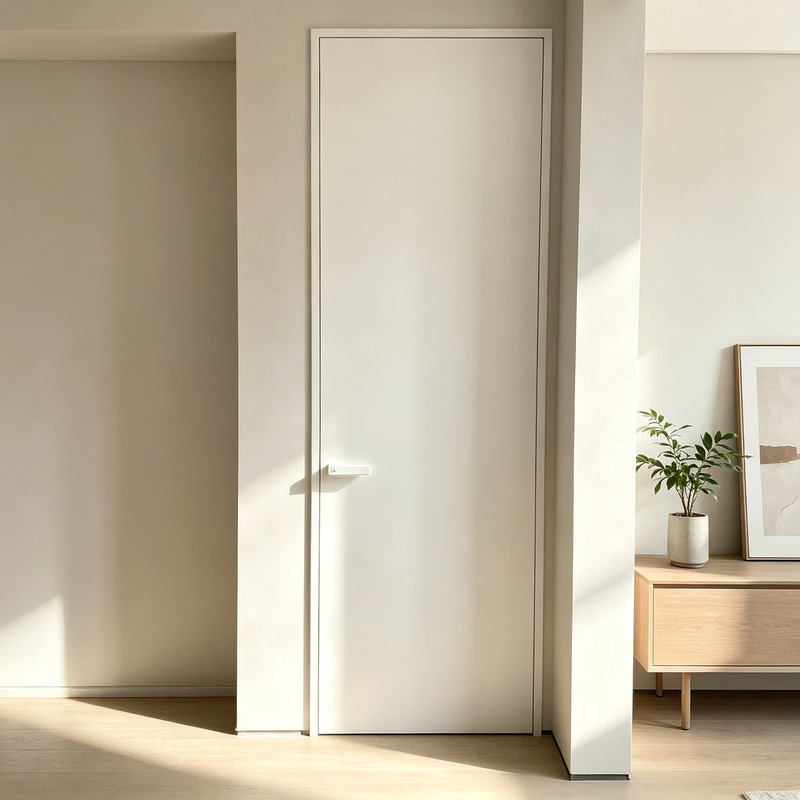 Interior door with a flat exterior and a recessed opening, Italian minimalist style, white aluminum alloy, narrow frame, suitable for bedrooms, cream-colored room door Interior door with a flat exterior and a recessed opening, Italian minimalist style, white aluminum alloy, narrow frame, suitable for bedrooms, cream-colored room door
