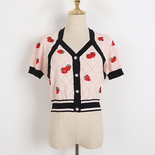 夏季針織開衫女2022新款甜美減齡亮片草莓設計單排扣短款上衣薄