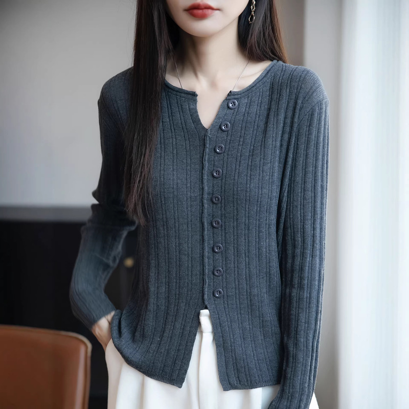 Spring and Autumn New Women's Knitwear Fine-Spun Wool V-Neck Ribbed Sweater Long-Sleeve Rolled Edge Solid Color Women's Top Wholesale