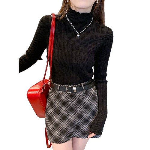 Women's Autumn/Winter Basic Crew Neck Knit Top with Mushroom Edge, High Collar Cardigan - 2025 New Arrival with Advanced Style