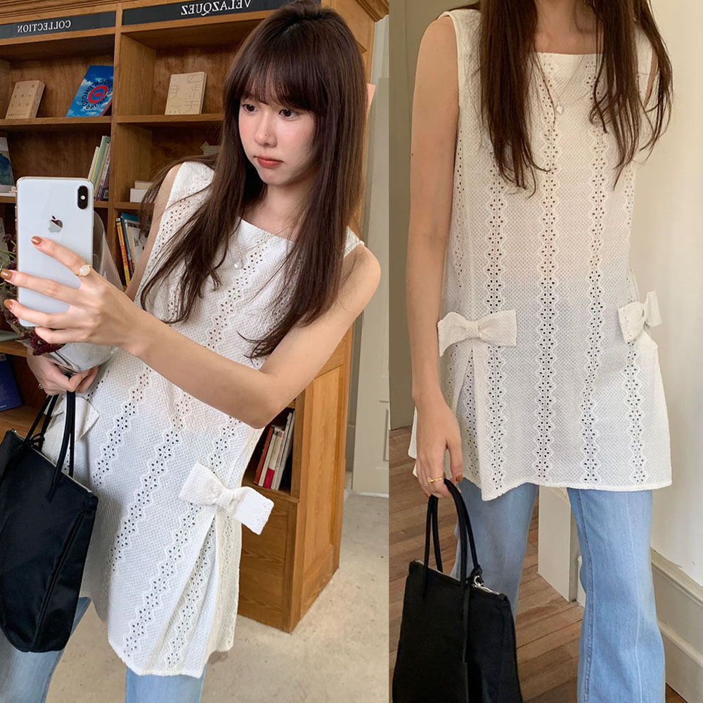 Summer retro lace small design vest with bow
