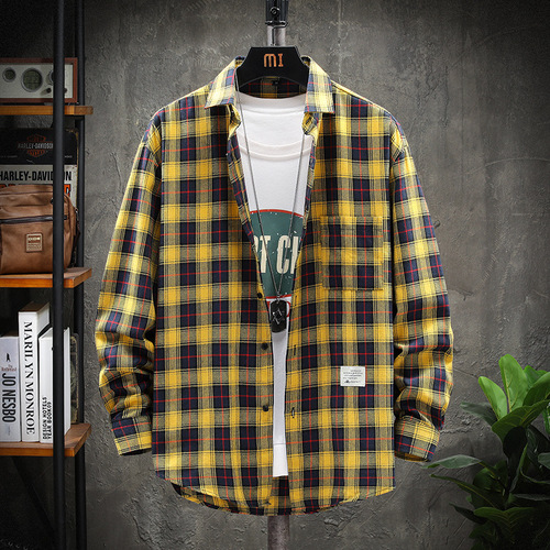 2025 Men's Checkered Long-Sleeve Shirt, Hong Kong Style Fashion Brand Youth Student Stylish Top for Men