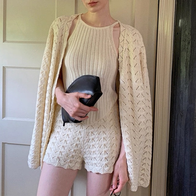 Taco Studios Vtg Retro Handmade Cut Out Cardigan Camisole Versatile Shorts Knitted Suit