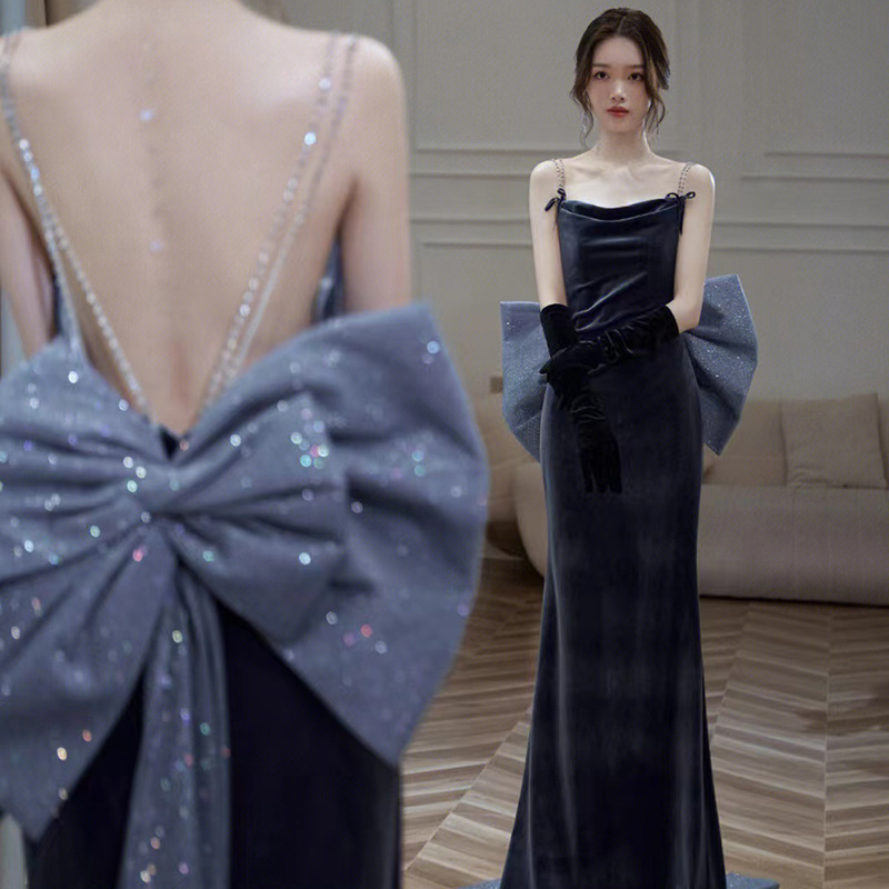 Blue Fishtail Evening Dress for Women 2026 Annual Meeting Host Banquet Sexy Backless Strap Evening Dress One-Piece Wholesale