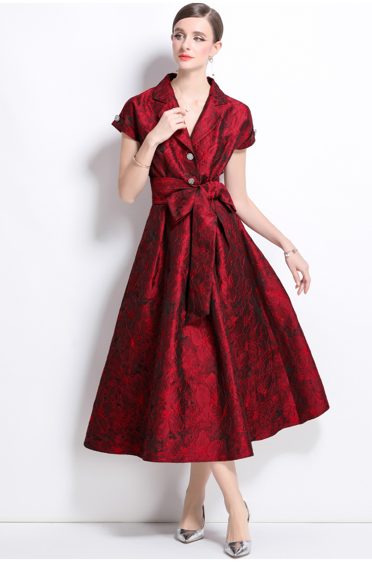 Đầm maxi nữ thắt eo kiểu Pháp tay ngắn cổ bẻ jacquard thanh lịch mùa hè 2025 — Màu xanh lam, Màu tím, Màu hồng, Màu đỏ chi tiết 6