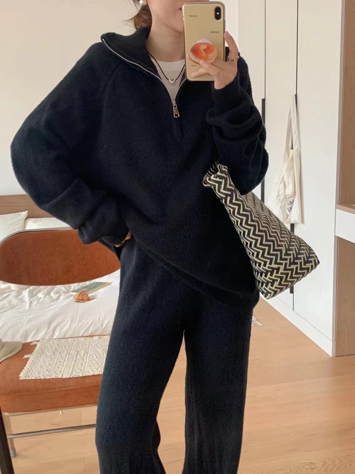 Women’s Korean Style Knit Sweater & Wide Leg Pants Set – Lapel Half-Zip Lounge Suit (One Size, 6 Colors)_voghion.com