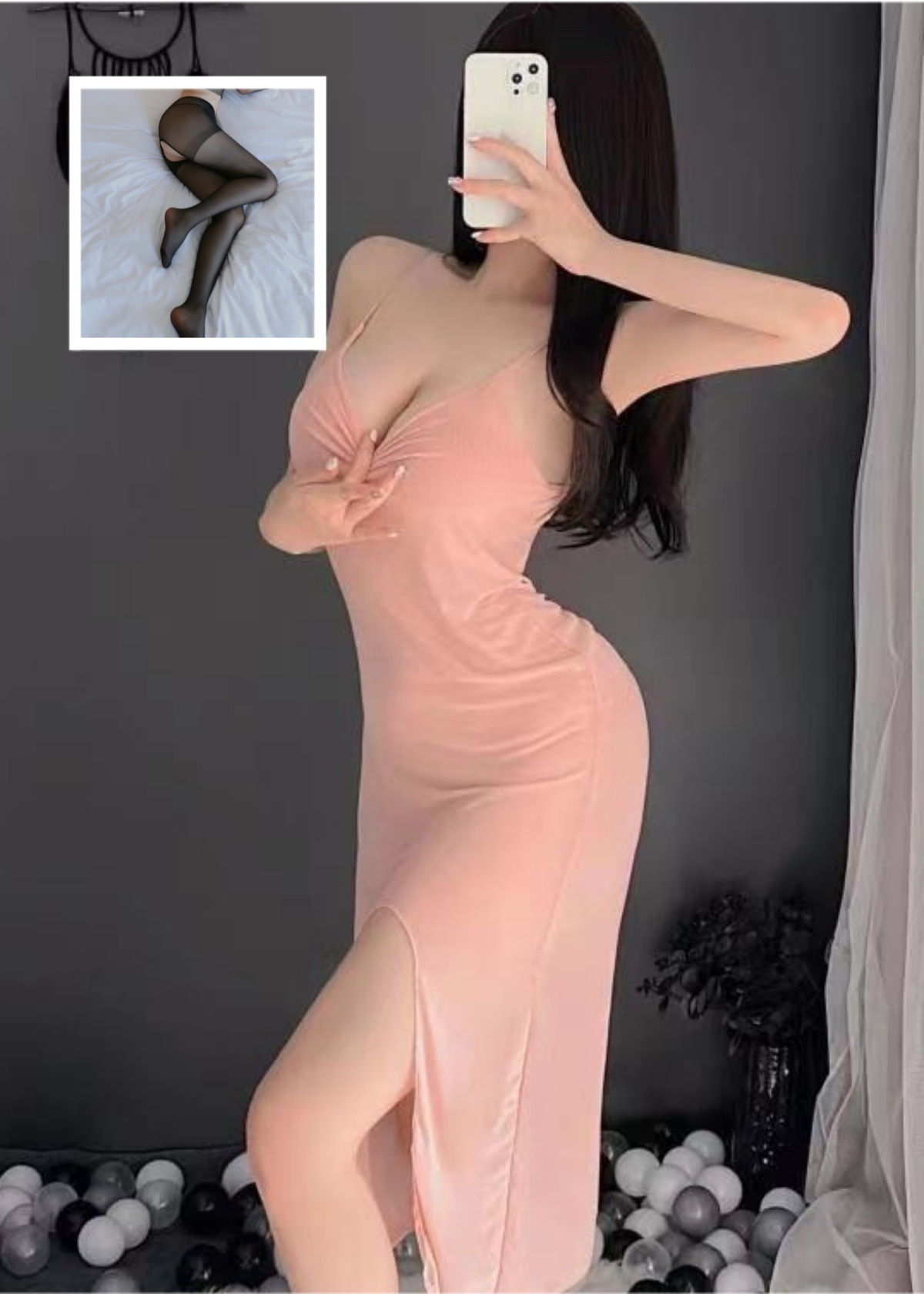 스킨 컬러 (롱 스커트 + T 바지) + 블랙 오픈 양말