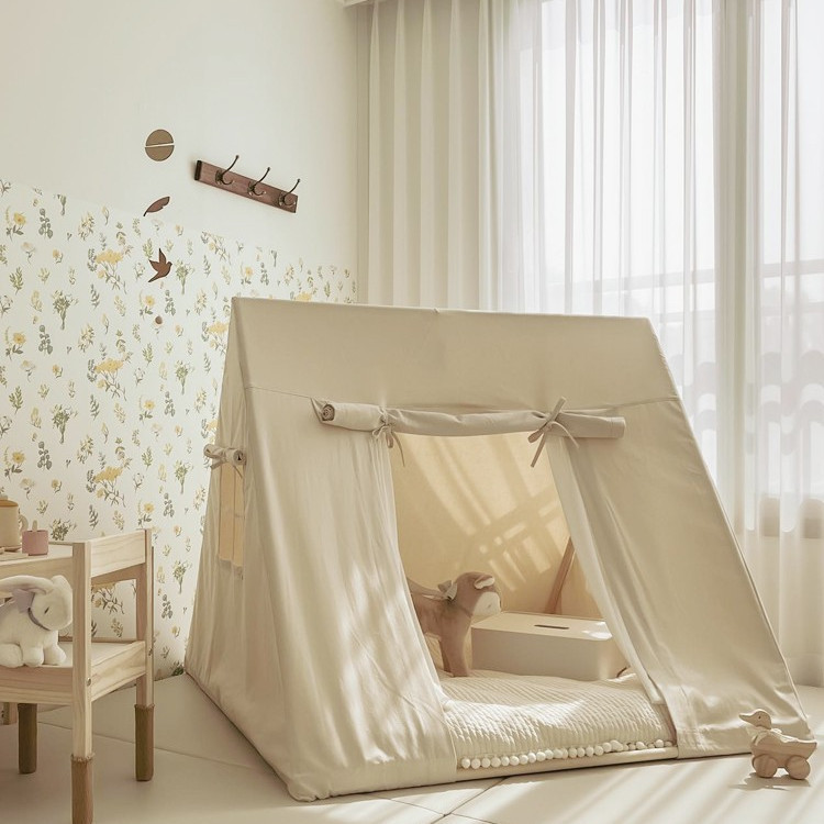 Tenda infantil estilo coreano, triangular, para uso interno, casinha de bebê, brinquedo indiano, castelo de madeira maciça espessa._voghion.com