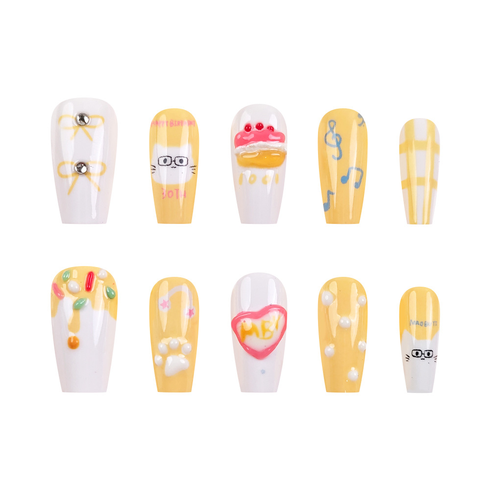 3D estereoscópico dulce viento usar uñas adorables amarillo leche blanco contraste de uñas 10 piezas de papel de tarjeta de perforación de uñas parches image 6