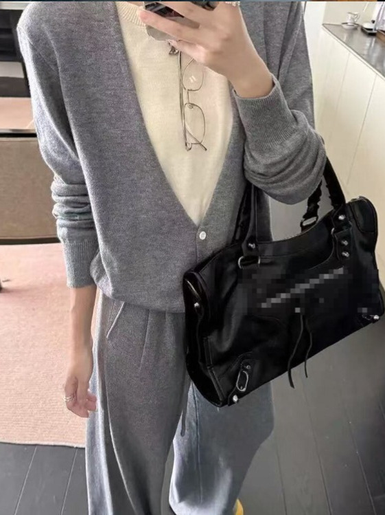 休闲套装女V领假两件上衣女长袖毛衣女2025秋季高腰阔腿裤两件套|undefined