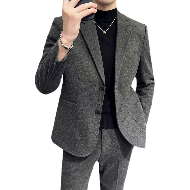 Повседневный утепленный шерстяной костюм на весну и осень, мужской костюм, приталенный костюм Даффи в Корейском стиле, красивый костюм из двух предметов, мужской костюм