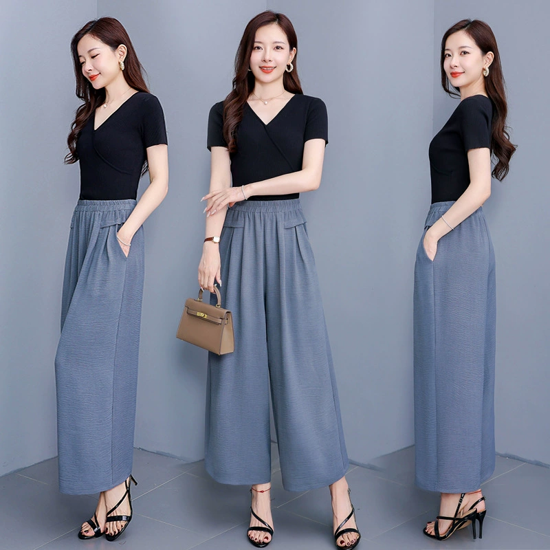 Широкие брюки юбки женские весна и лето 2025 новые брюки женские высокие талии свисают свободные повседневные прямые брюки с подвеской