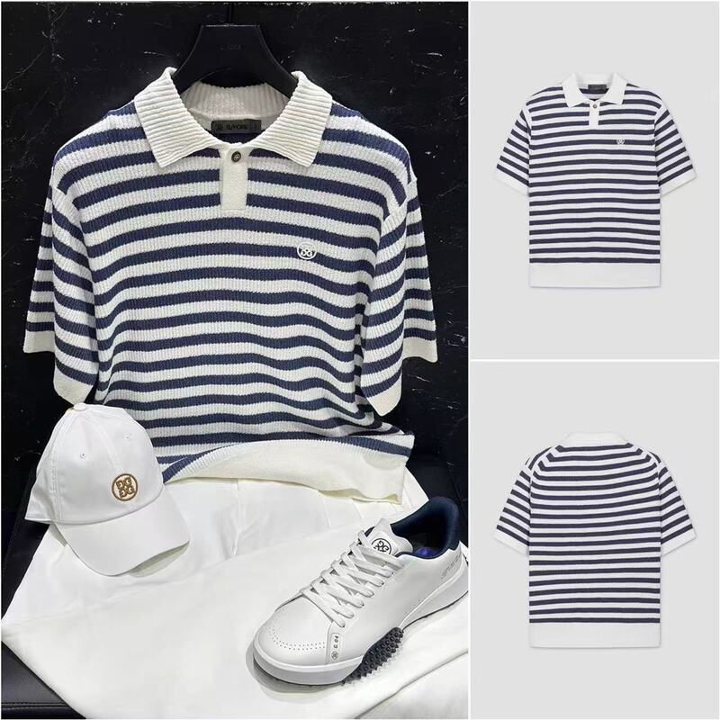 Korean Style Golf Spring and Summer Men's Clothing Striped Lapel Sweater Sports Casual Breathable Short Sleeves Korean Style Golf Spring and Summer Men's Clothing Striped Lapel Sweater Sports Casual Breathable Short Sleeves