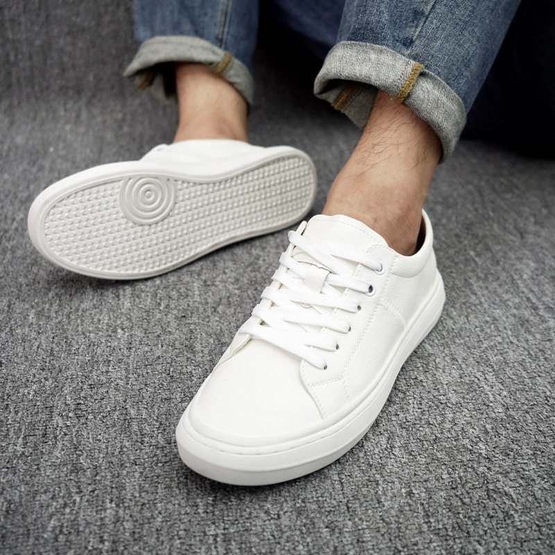 Giày sneaker nam da thật cổ thấp đế bằng, gót thấp 1-3 cm, dây buộc, phong cách thường ngày — Màu trắng 5202, Màu đen 5202