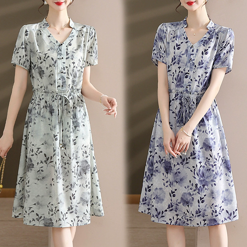 Летнее платье с короткими рукавами для мам среднего возраста, новинка 2025 года, женская шифоновая юбка с цветочным принтом для женщин среднего и пожилого возраста, закрывающая живот, для похудения
