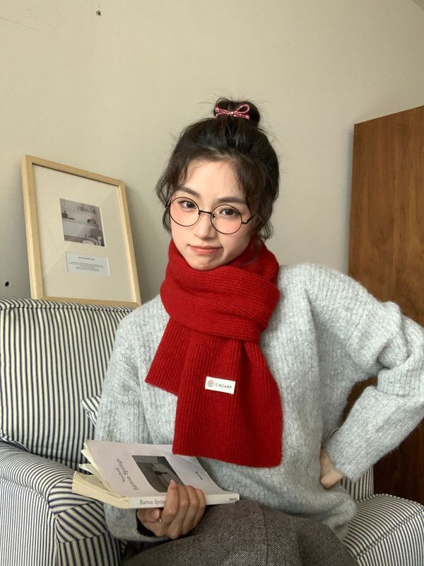韩系安可拉红~纯色围巾女 冬季氛围感新年红色针织毛线高级感围脖|undefined